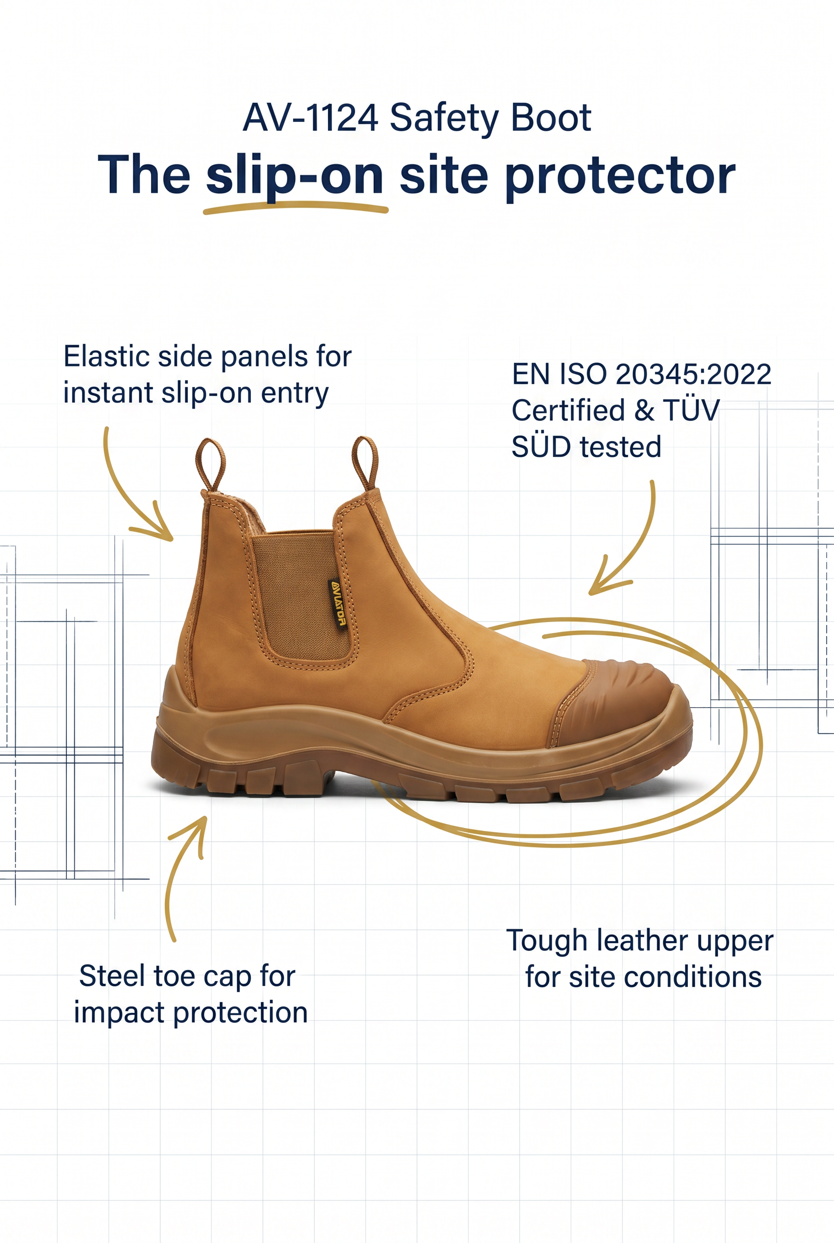 Men's Steel Toe Chelsea Safety Boots — Slip-On, Elastic Panels | AV-1124