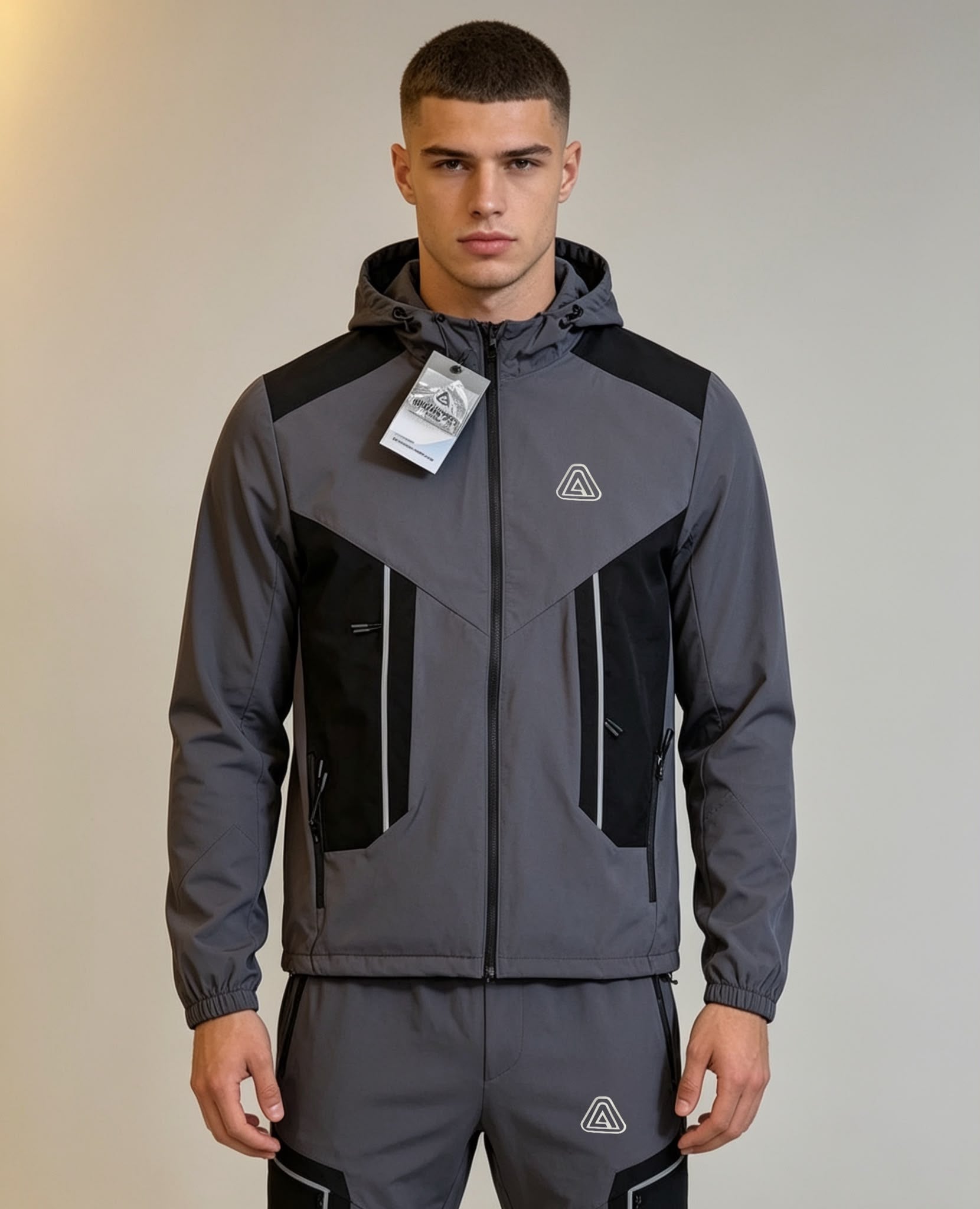 A man wearing a dark gray and black hooded athletic jacket with matching pants, featuring a small white geometric logo on the chest, standing against a neutral light gray background.