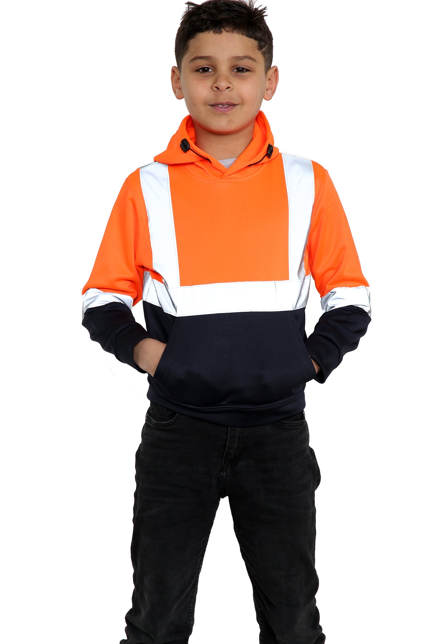 Kids Hi Viz Vest Children's High Vis Jacket Visibility Waistcoat Top Safe Hoodie - Orange/Navy