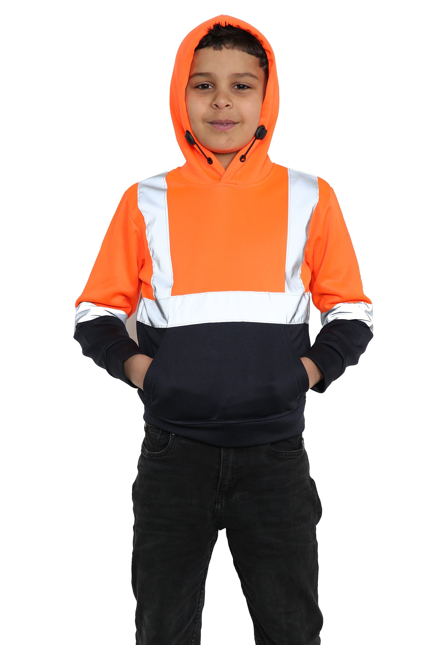 Kids Hi Viz Vest Children's High Vis Jacket Visibility Waistcoat Top Safe Hoodie - Orange/Navy