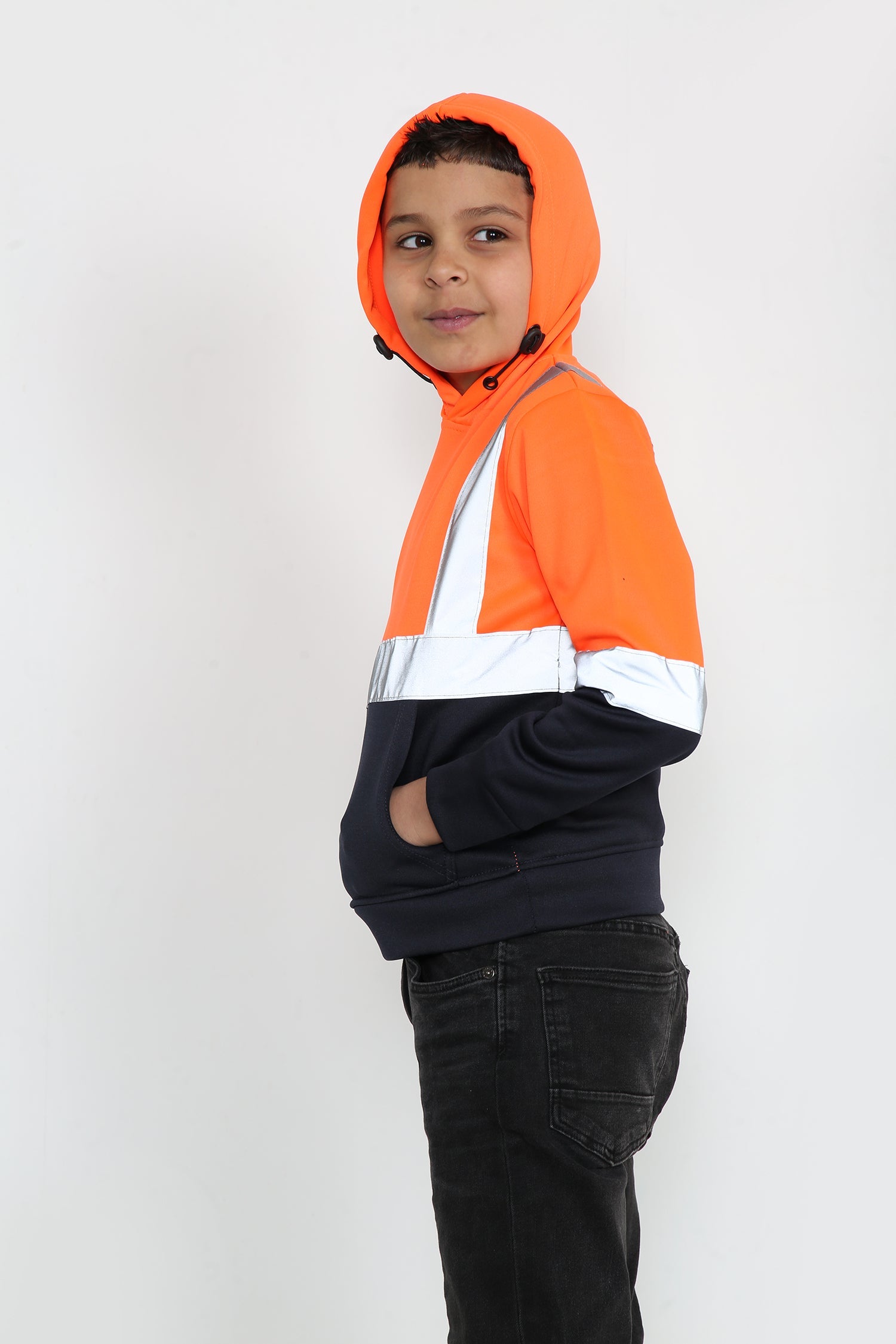Kids Hi Viz Vest Children's High Vis Jacket Visibility Waistcoat Top Safe Hoodie - Orange/Navy