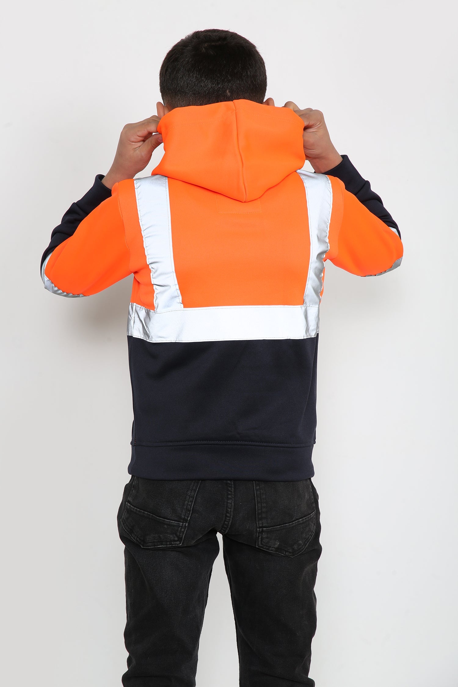 Kids Hi Viz Vest Children's High Vis Jacket Visibility Waistcoat Top Safe Hoodie - Orange/Navy