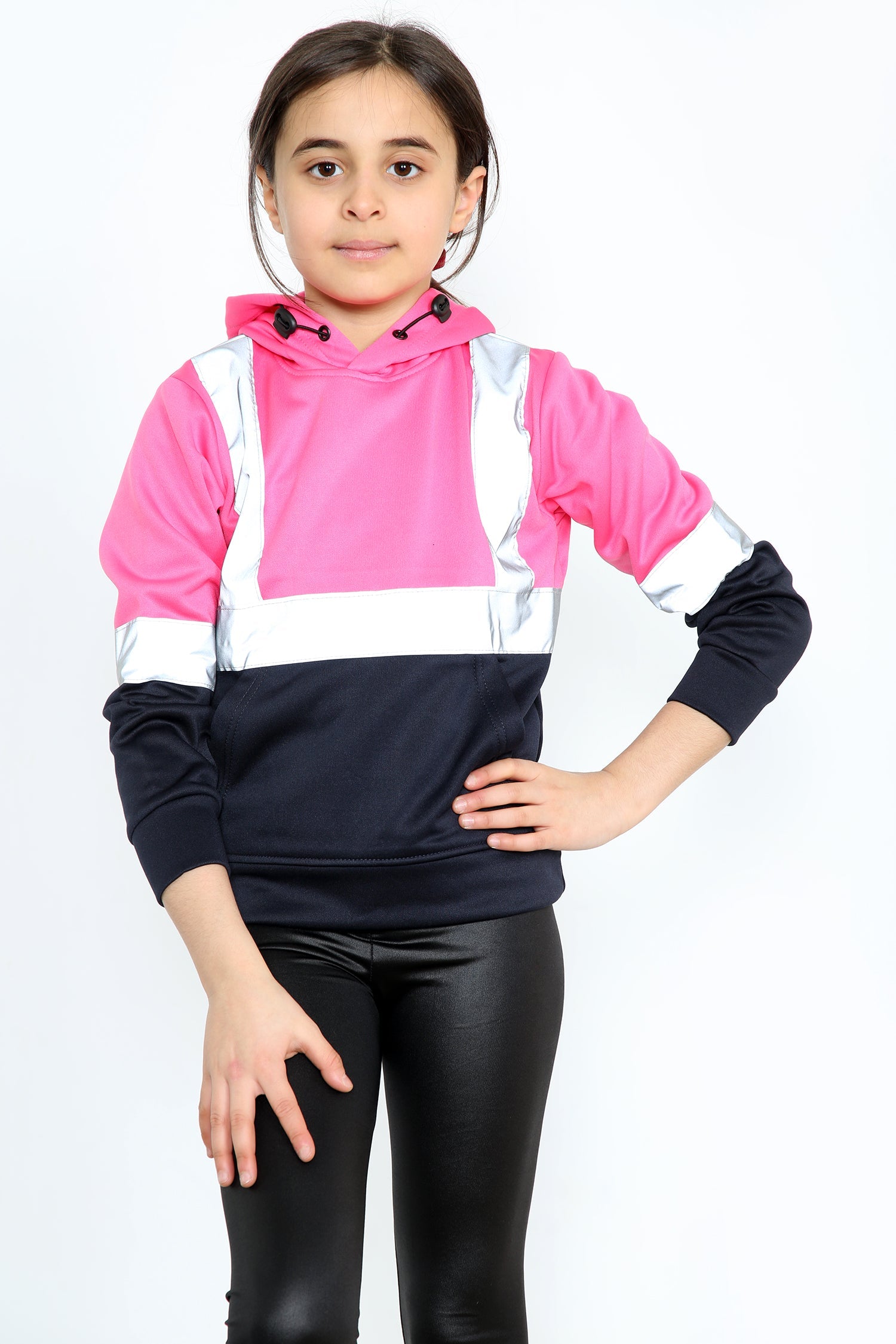 Kids Hi Viz Vest Children's High Vis Jacket Visibility Waistcoat Top Safe Hoodie - Pink/Navy
