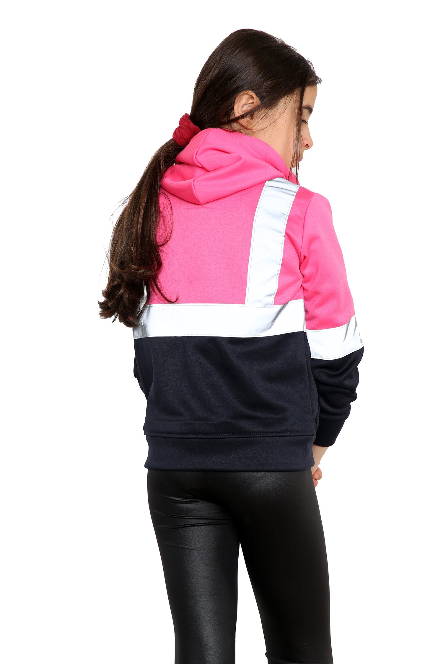Kids Hi Viz Vest Children's High Vis Jacket Visibility Waistcoat Top Safe Hoodie - Pink/Navy