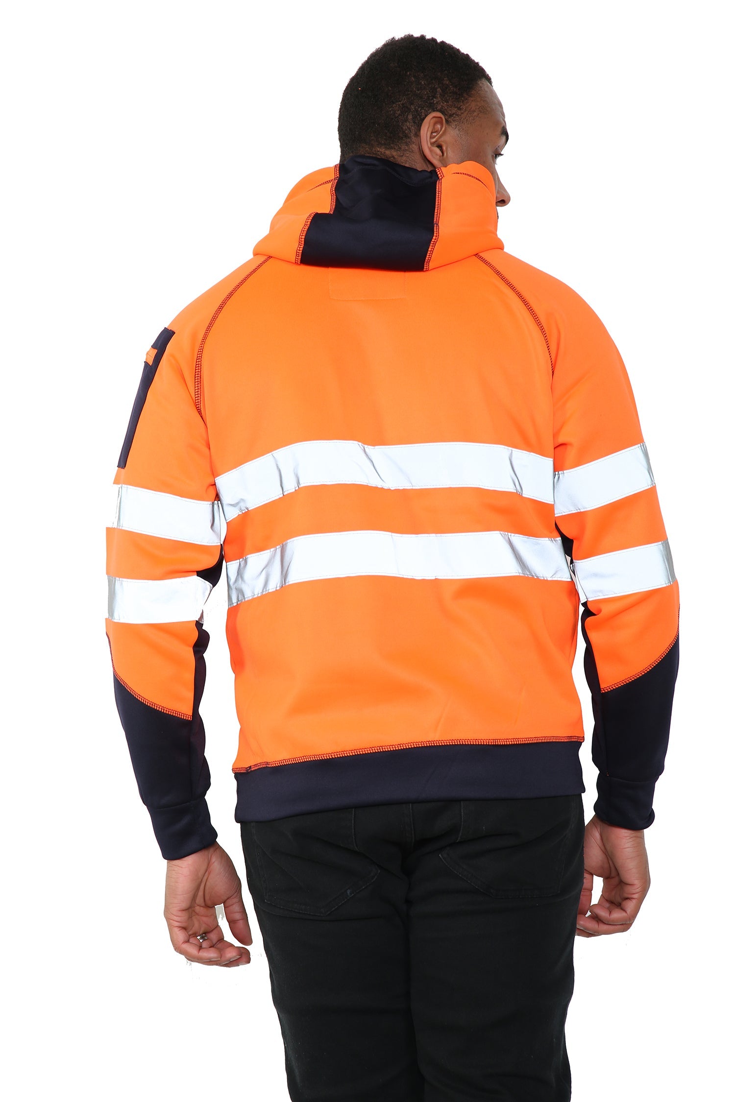 High Vis 3 Pockets 5 thread Pullover Hoodies - Orange/Navy