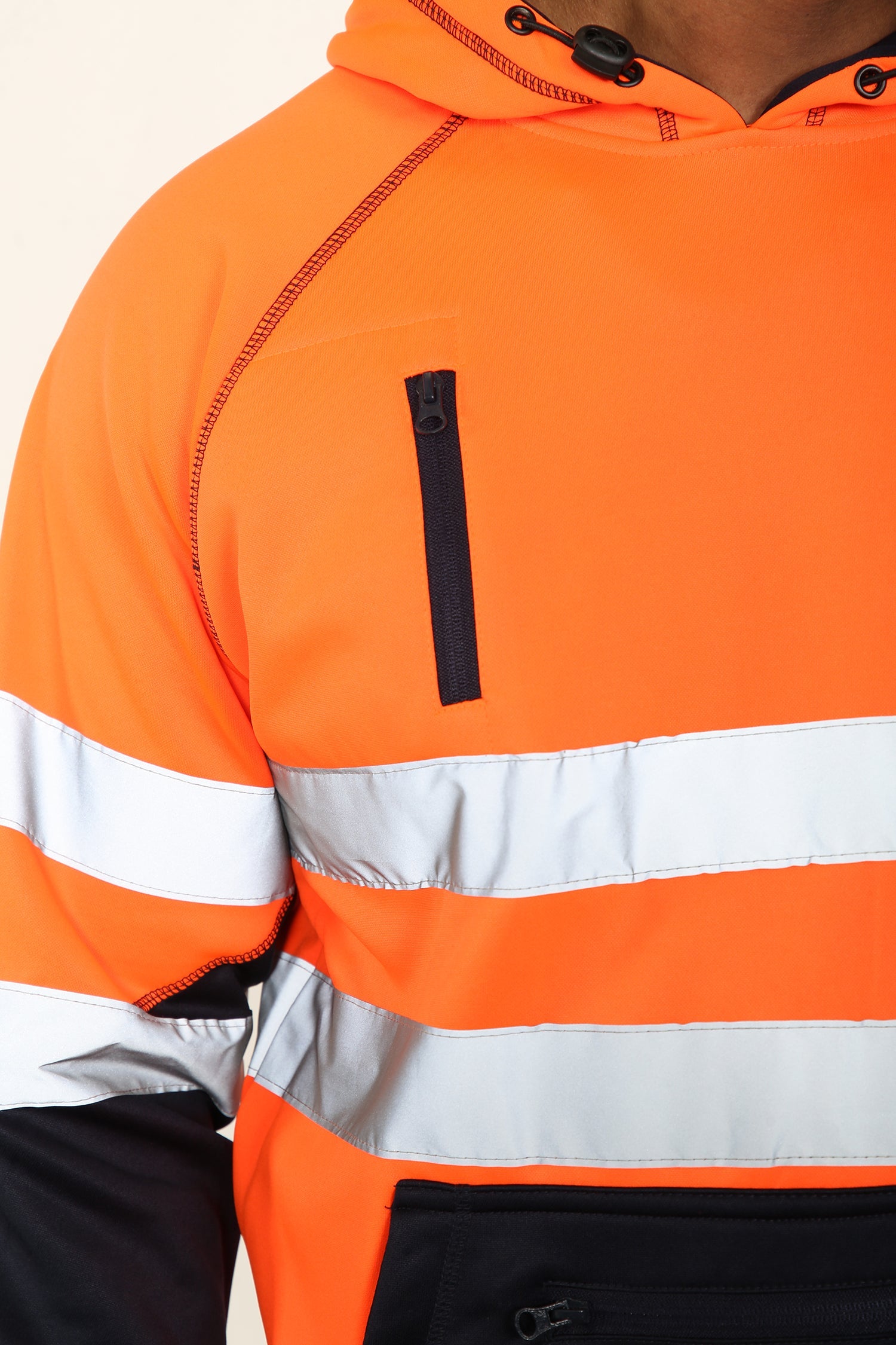 High Vis 3 Pockets 5 thread Pullover Hoodies - Orange/Navy