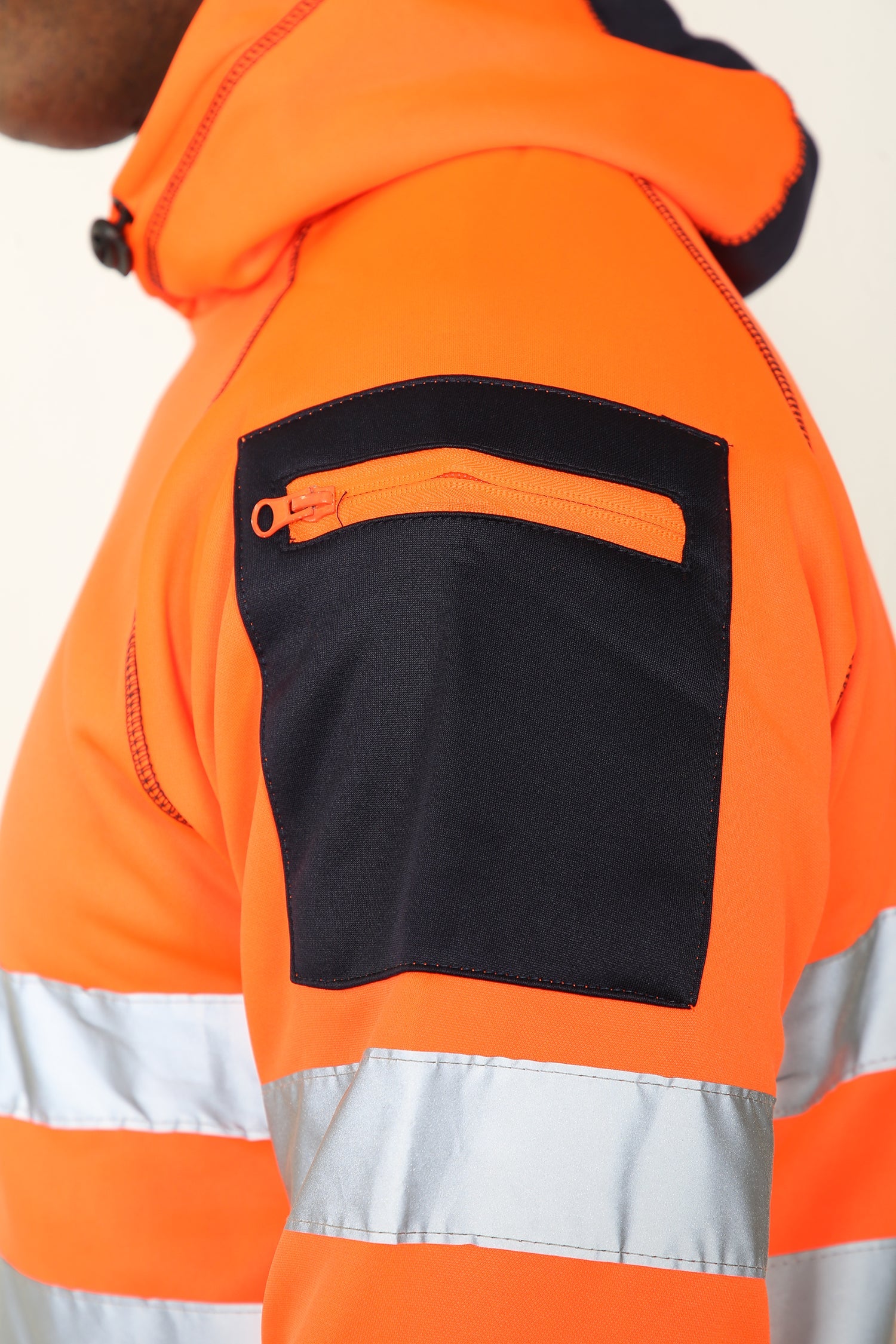 High Vis 3 Pockets 5 thread Pullover Hoodies - Orange/Navy