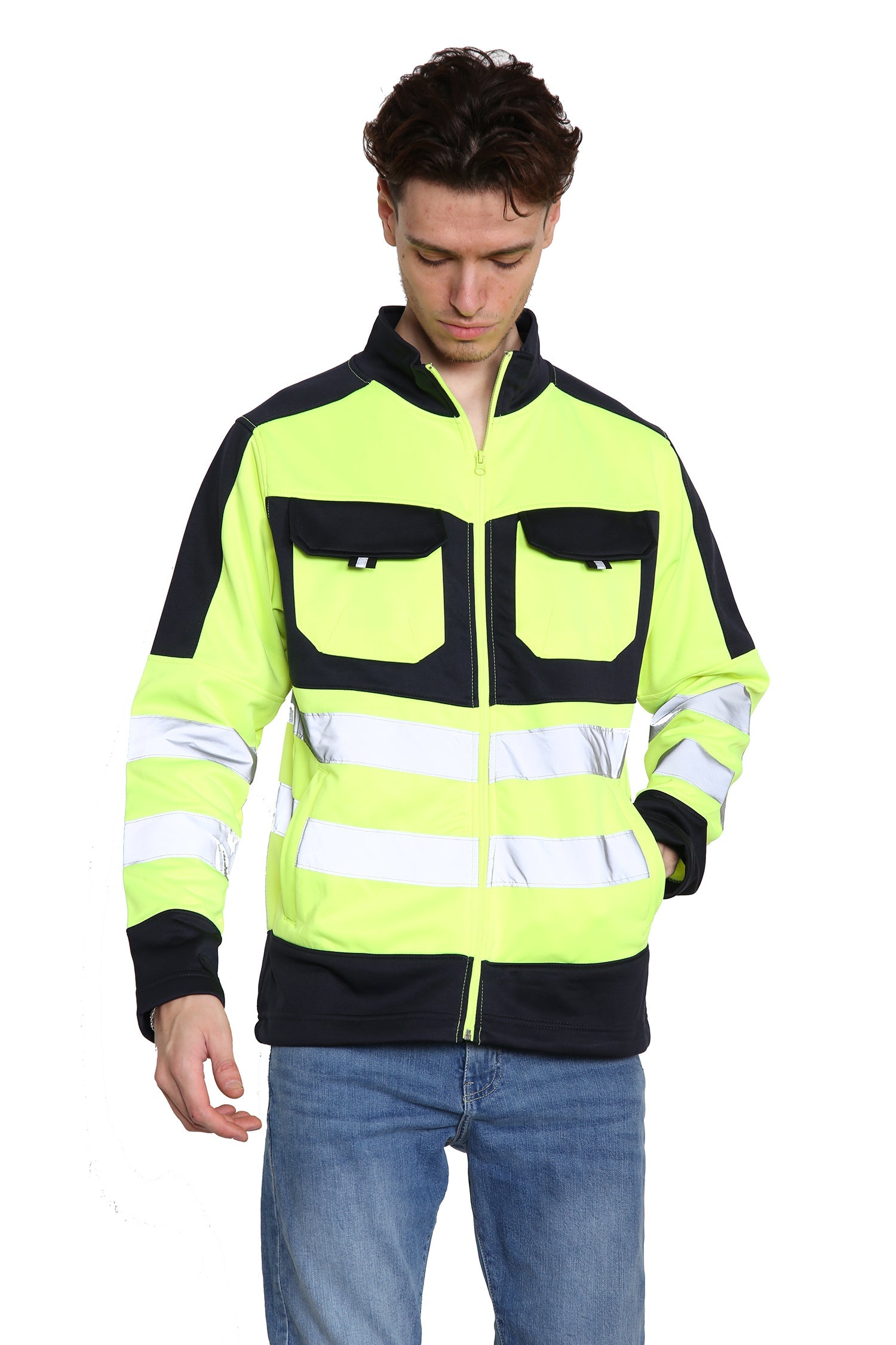 High Vis 4 Pockets Stand Collar Zipper Hoodie - Yellow/Navy