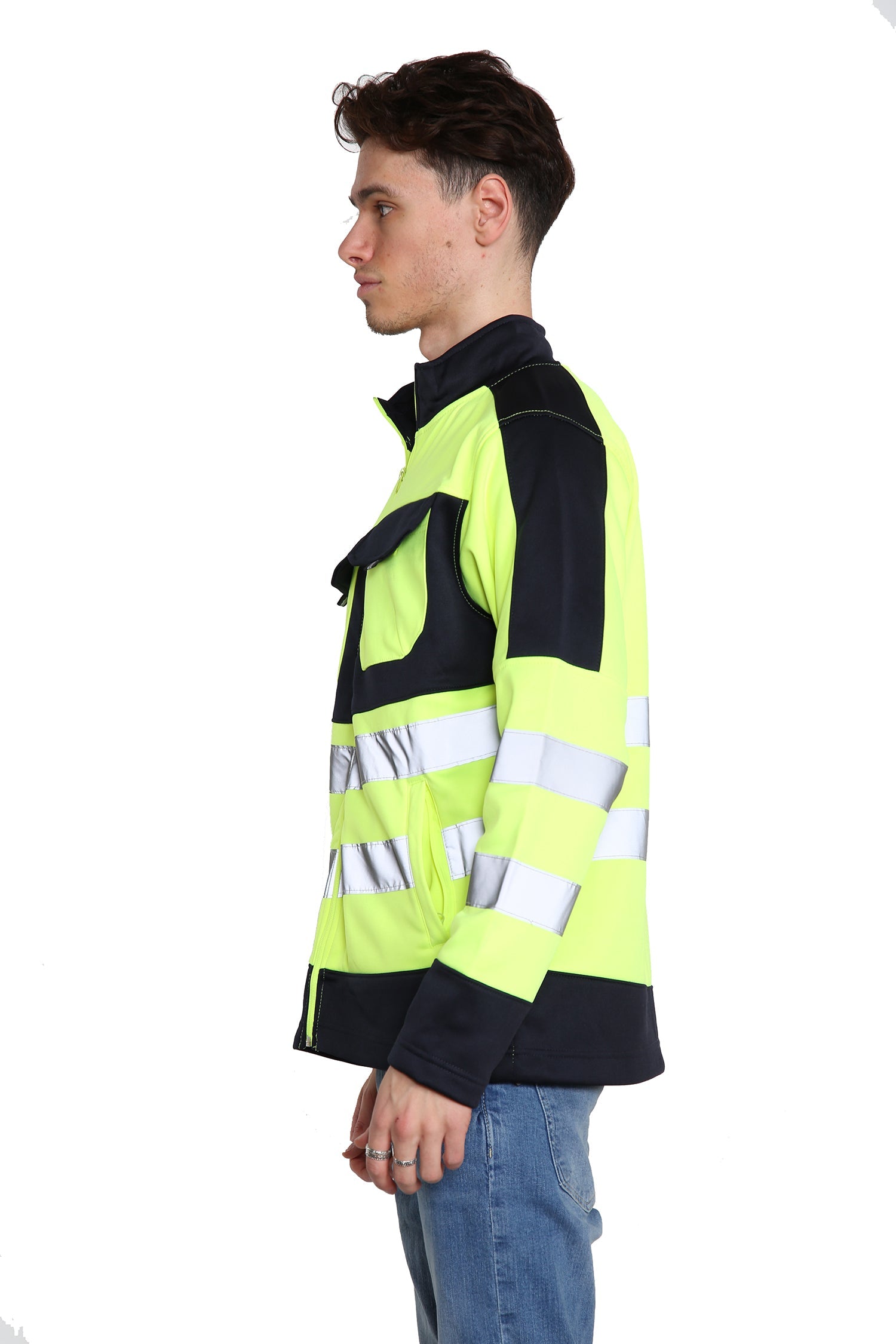 High Vis 4 Pockets Stand Collar Zipper Hoodie - Yellow/Navy