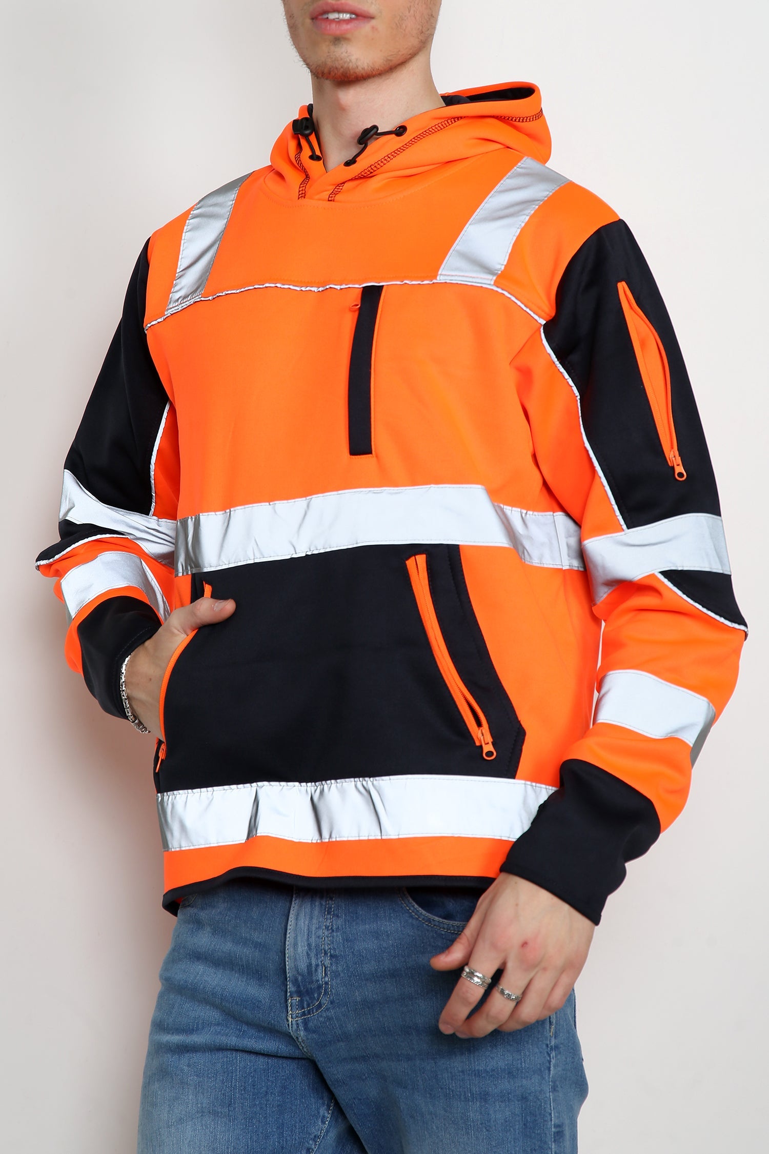 High Vis 4 Pockets Pullover Hoodie - Orange/Navy