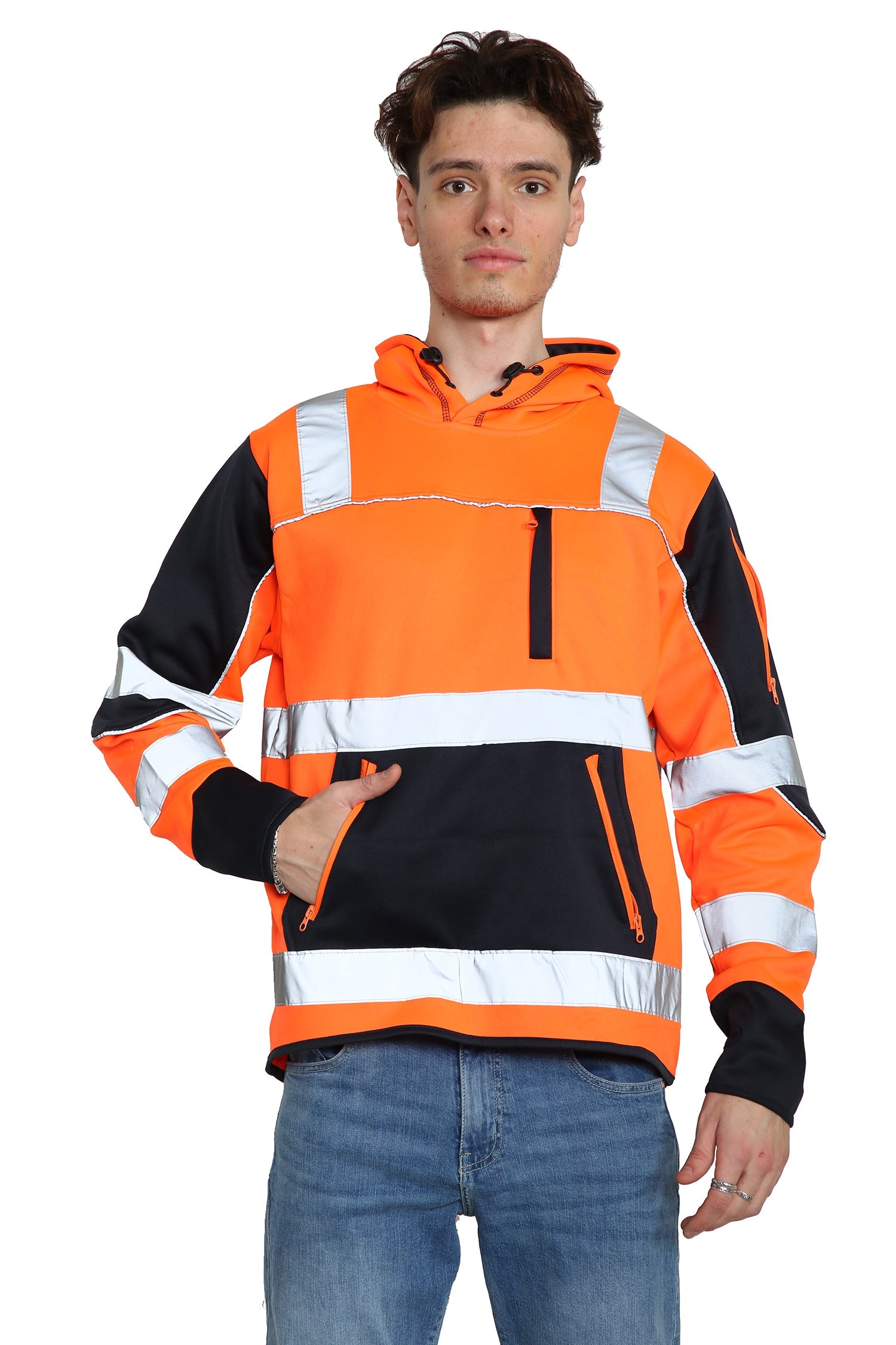 High Vis 4 Pockets Pullover Hoodie - Orange/Navy