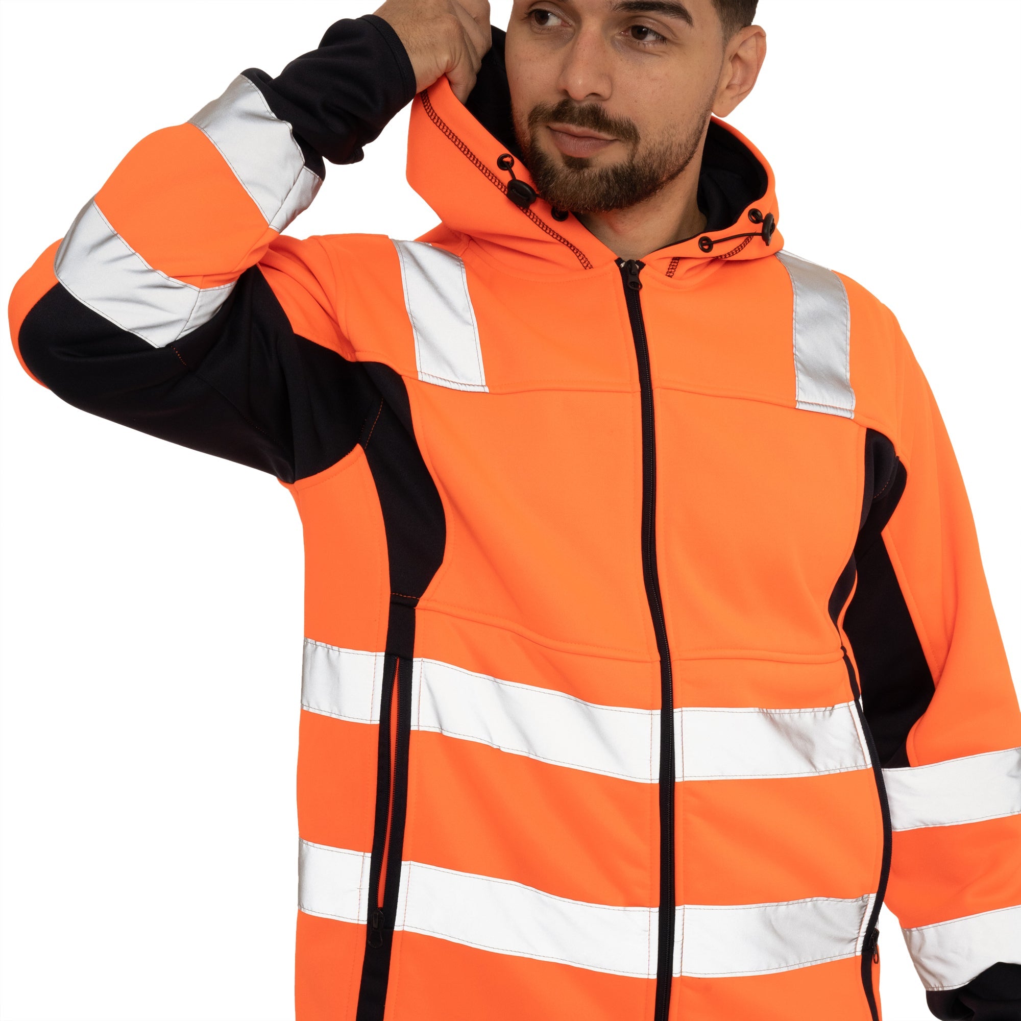 High Vis 2 Side Long Pockets Zipper Hoodie - Orange / Navy Success