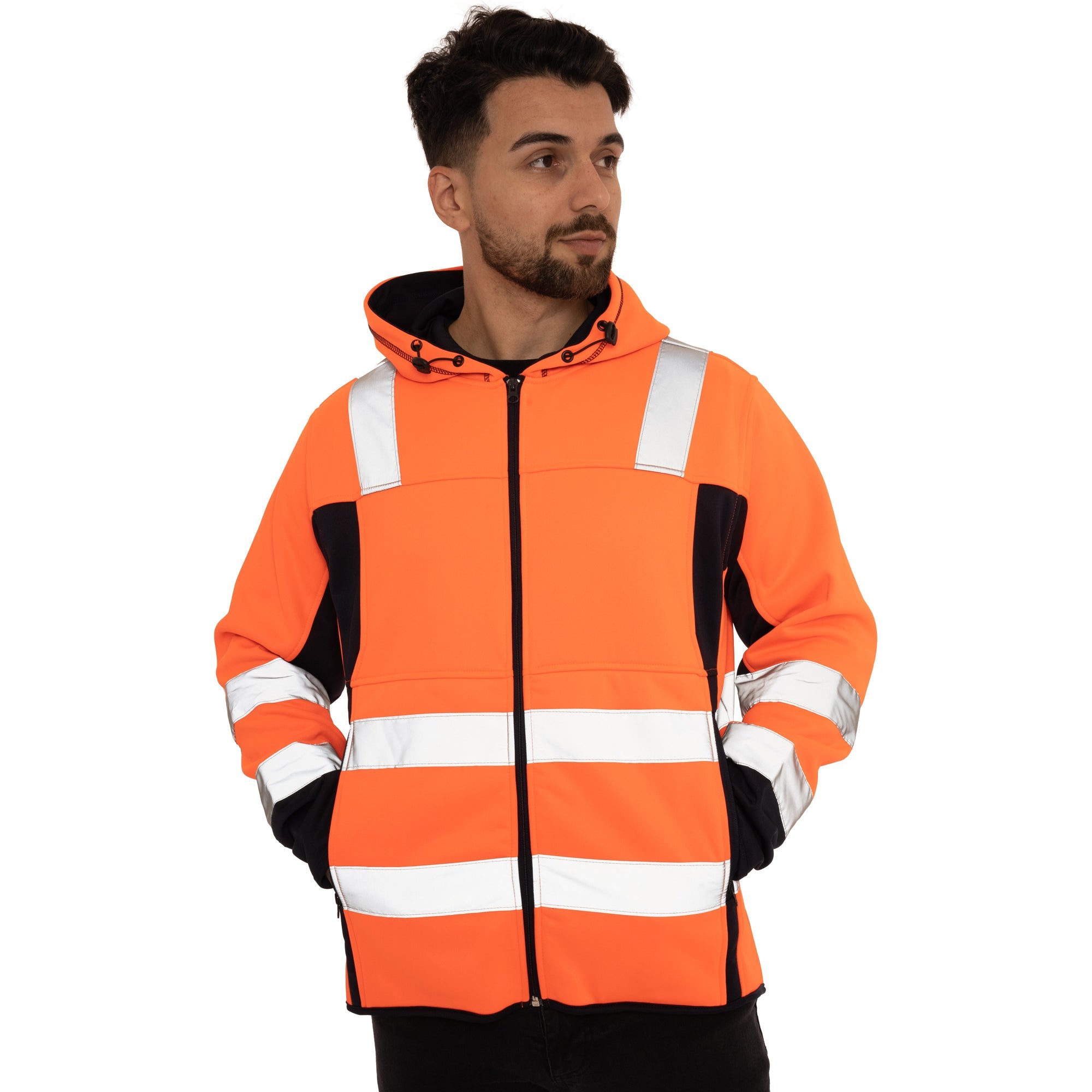 High Vis 2 Side Long Pockets Zipper Hoodie - Orange / Navy Success