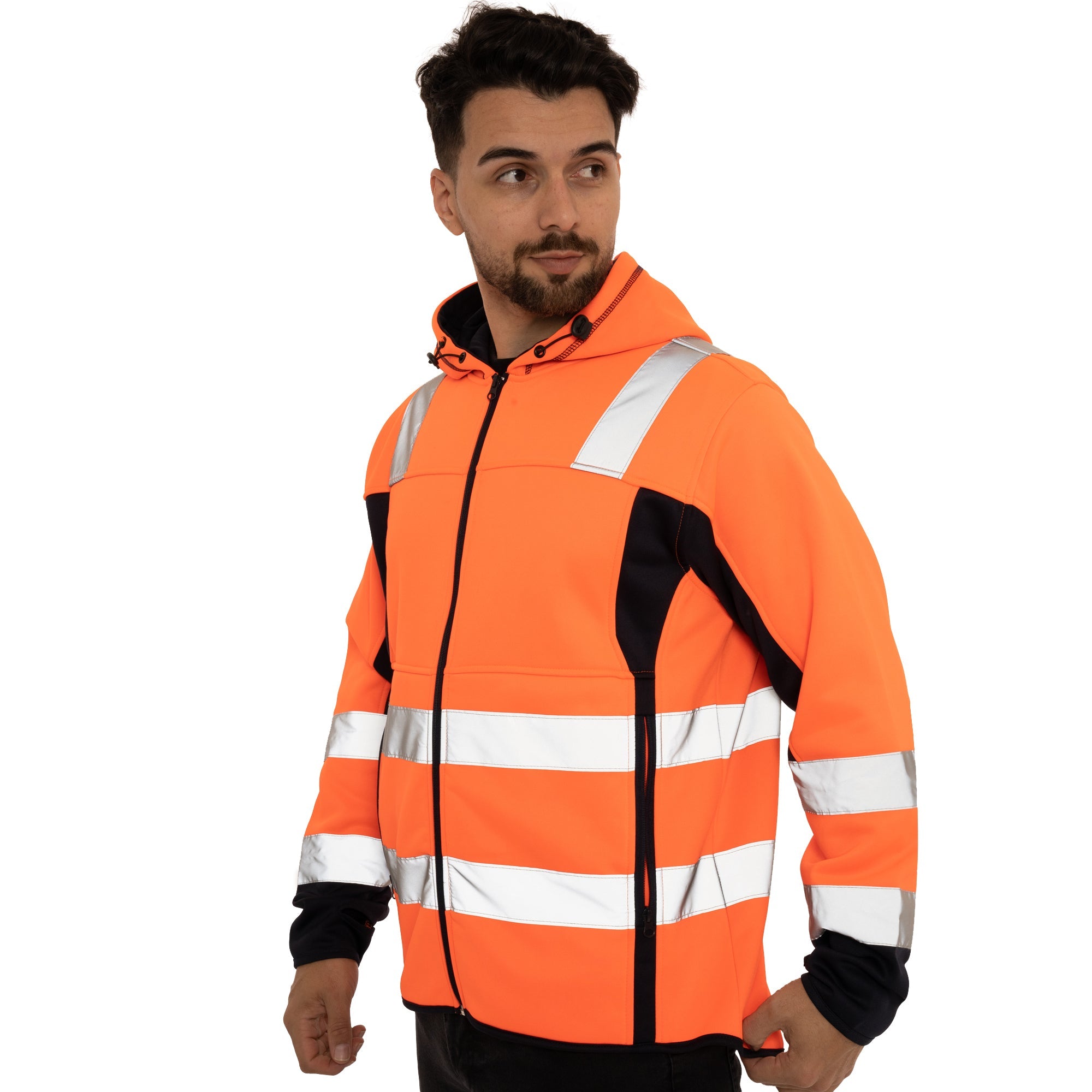 High Vis 2 Side Long Pockets Zipper Hoodie - Orange / Navy Success