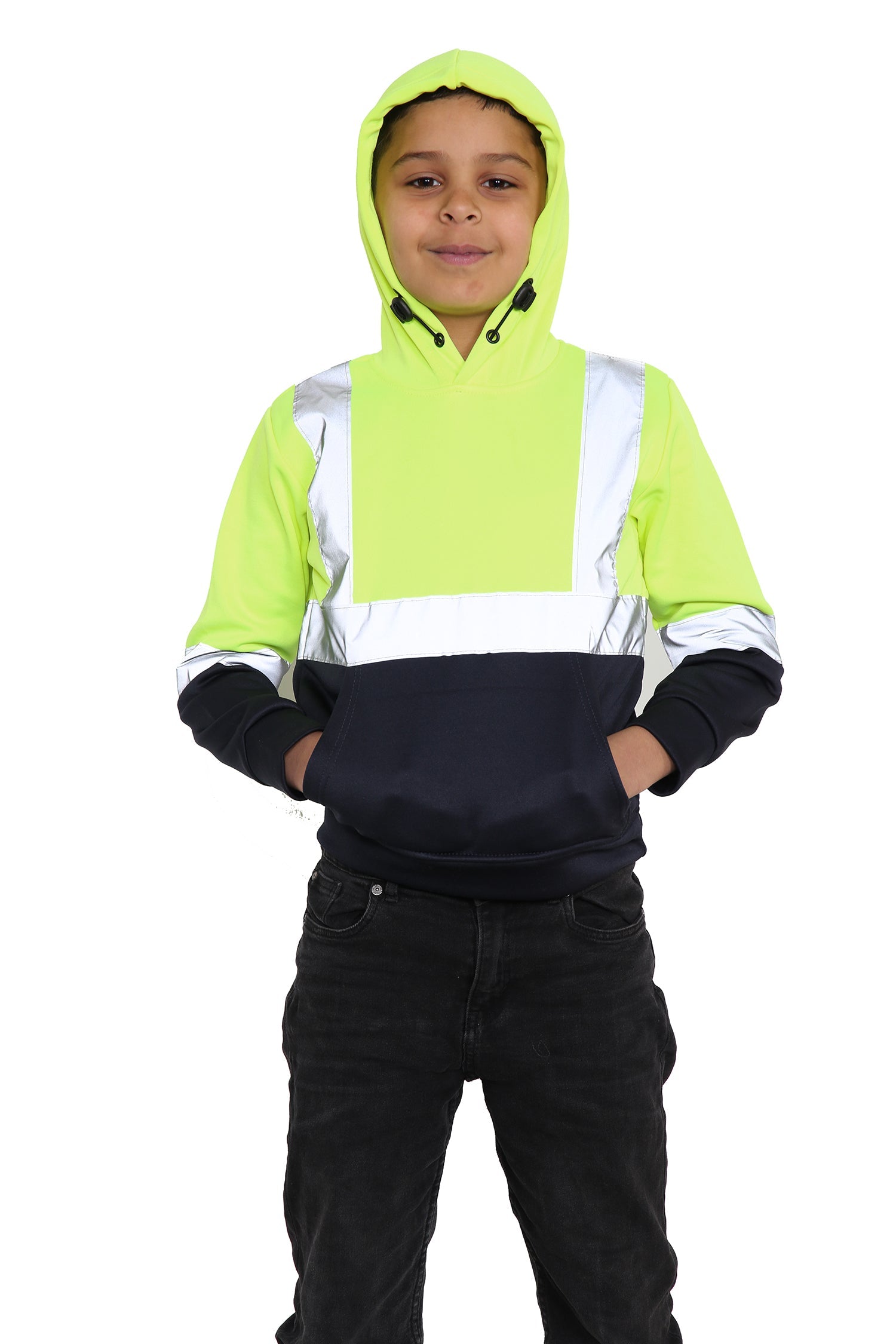 Kids Hi Viz Vest Children's High Vis Jacket Visibility Waistcoat Top Safe Hoodie - Yellow/Navy