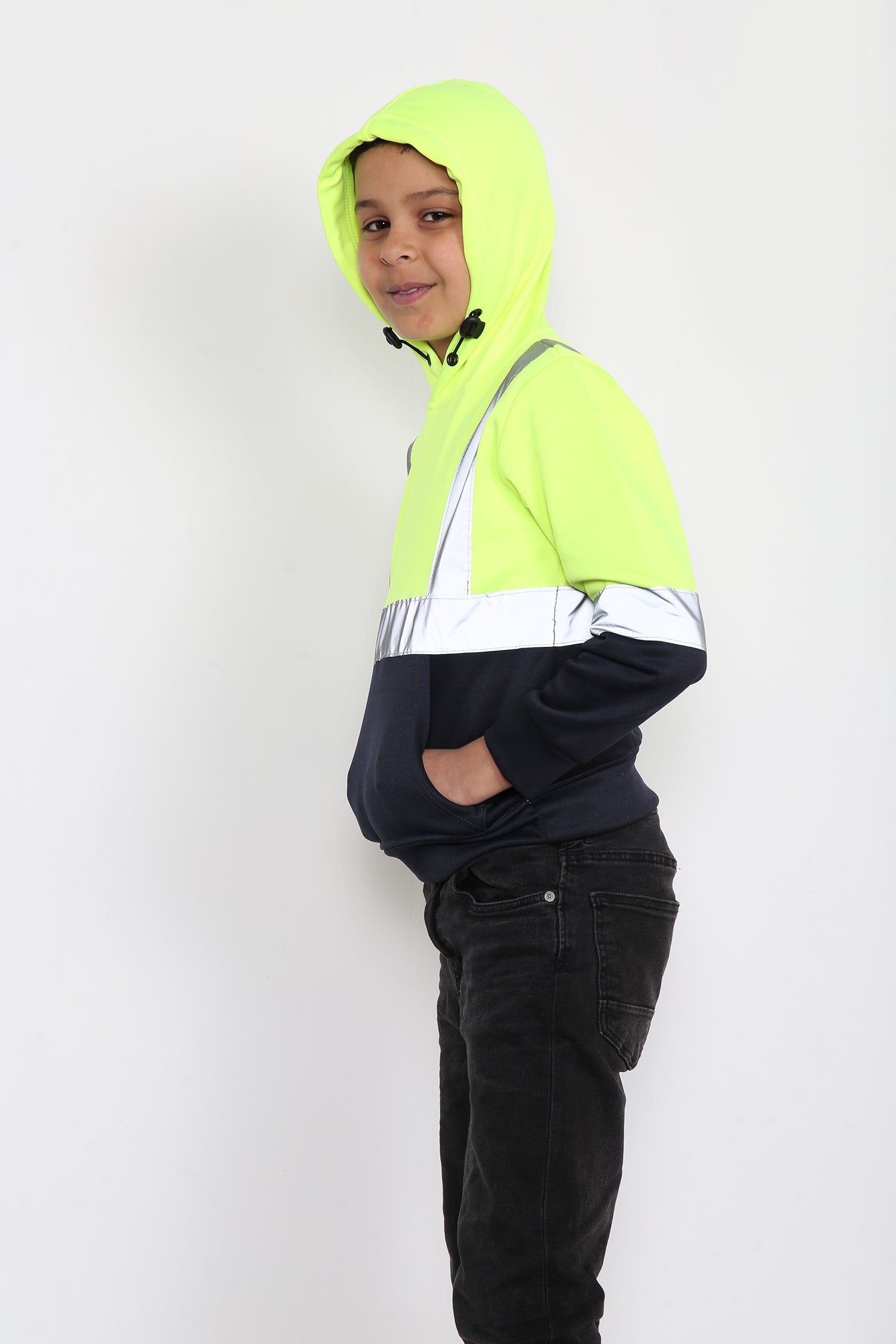 Kids Hi Viz Vest Children's High Vis Jacket Visibility Waistcoat Top Safe Hoodie - Yellow/Navy