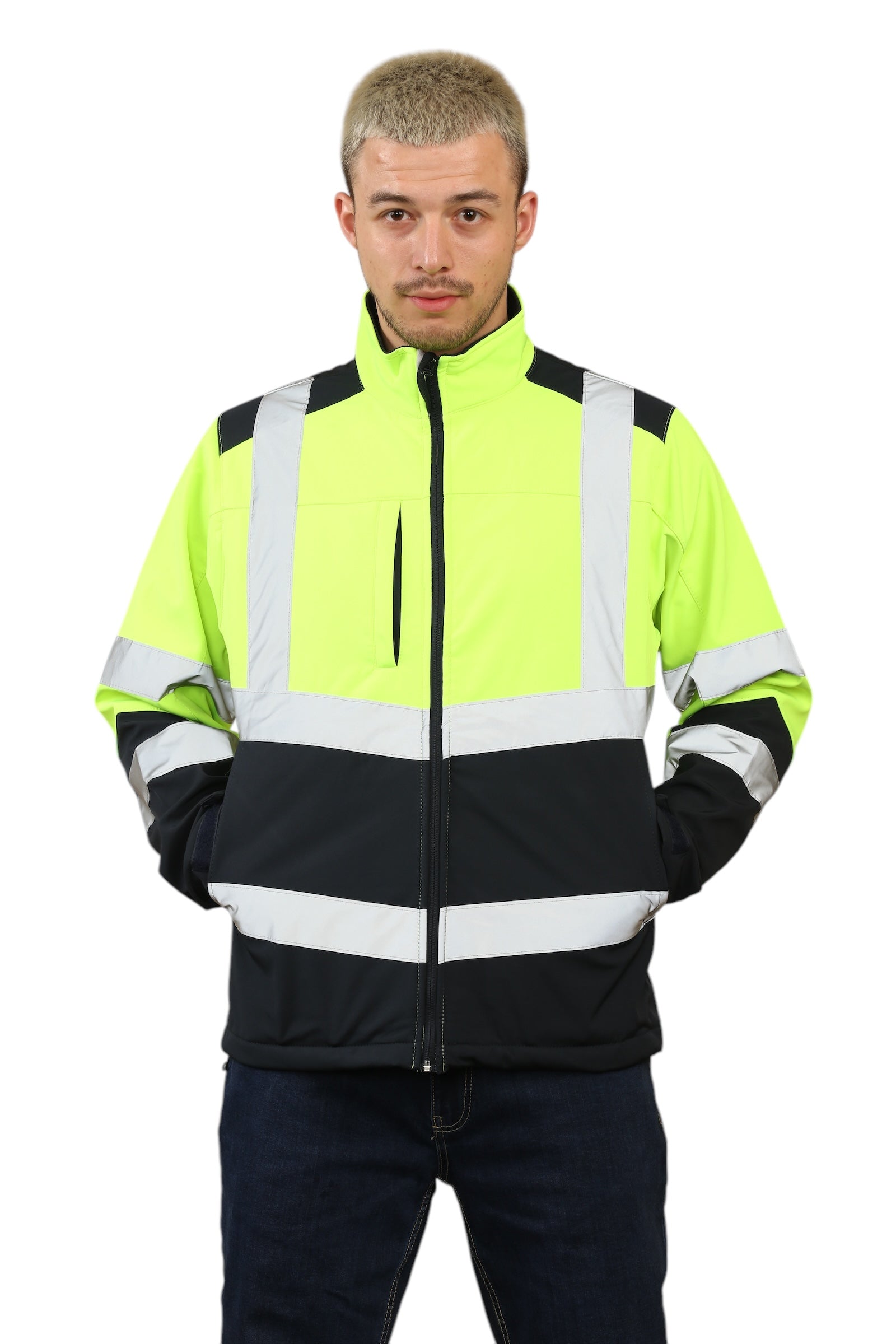 High Vis Softshell waterproof Jacket Yellow/Navy Removable hood