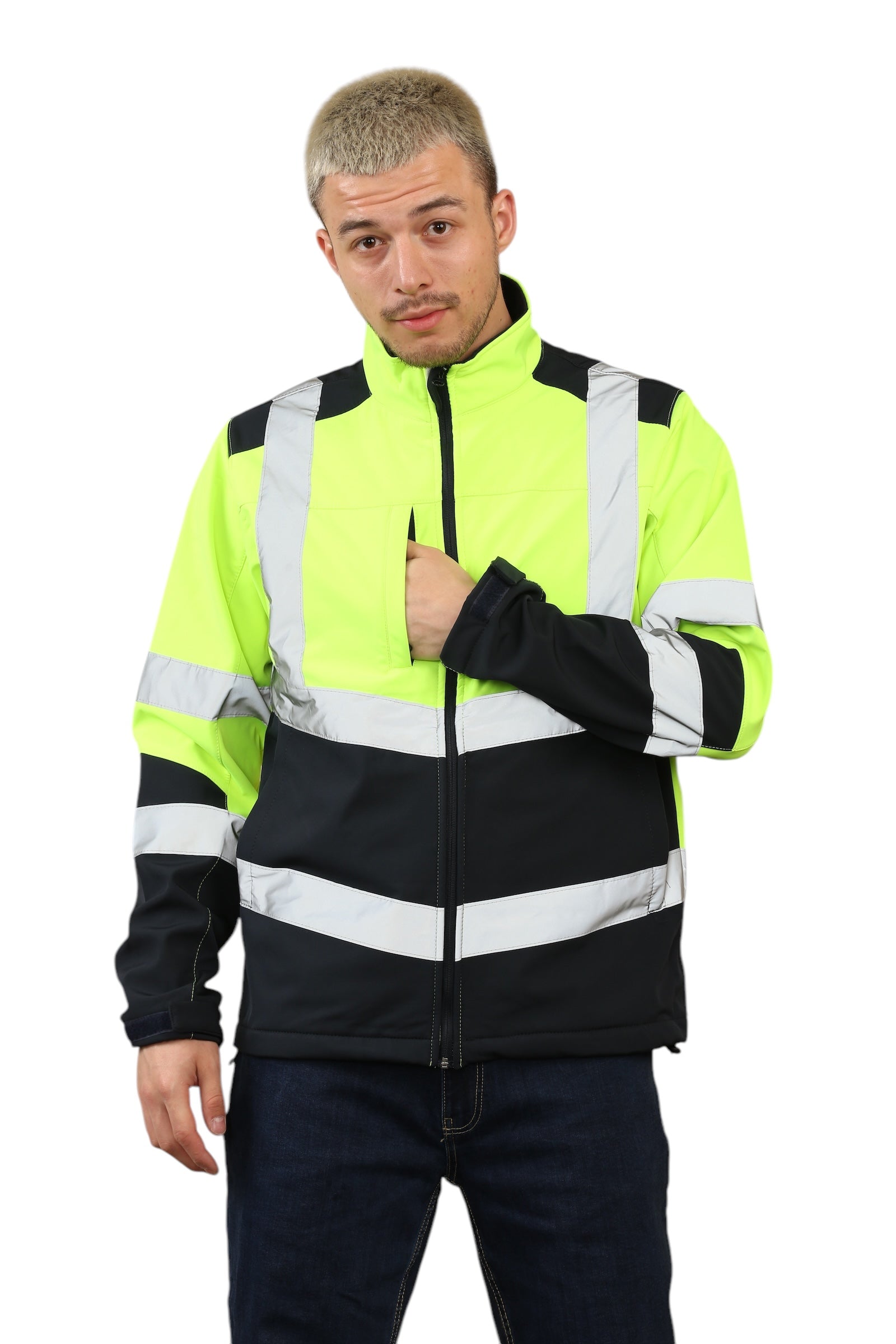 High Vis Softshell waterproof Jacket Yellow/Navy Removable hood