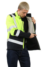 Load image into Gallery viewer, High Vis Softshell waterproof Jacket Yellow/Navy Removable hood
