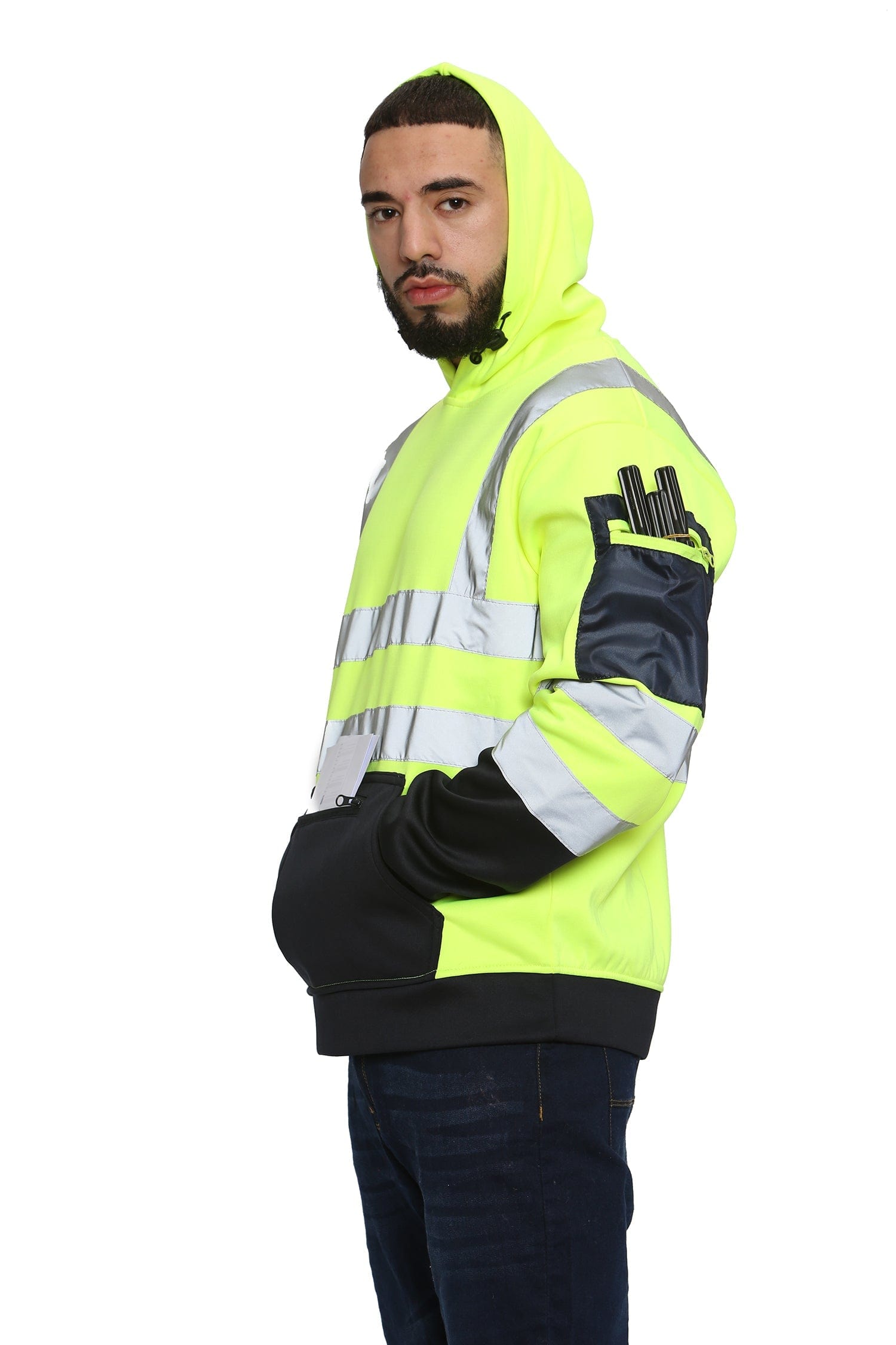 Aviator London Hi Vis Hoodie High Vis 3 Zip Pockets Pullover Hoodies - Yellow/Navy