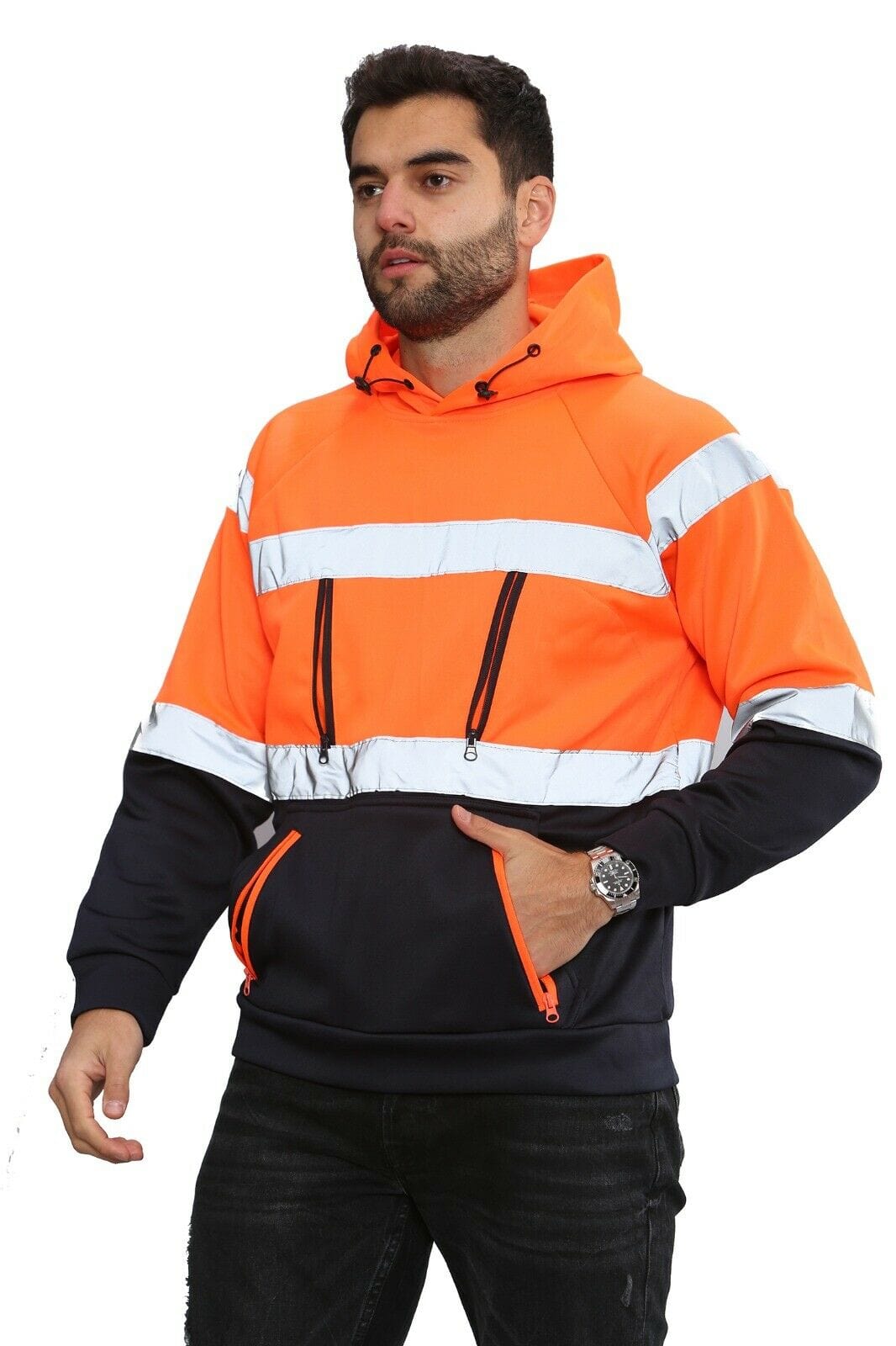 Aviator Work Wear High Vis EN ISO 20471 Class 3 - Orange/Navy 6 Pockets Pullover Hoodie