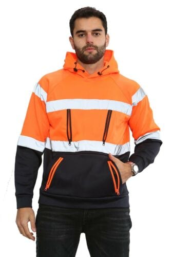Aviator Work Wear High Vis EN ISO 20471 Class 3 - Orange/Navy 6 Pockets Pullover Hoodie