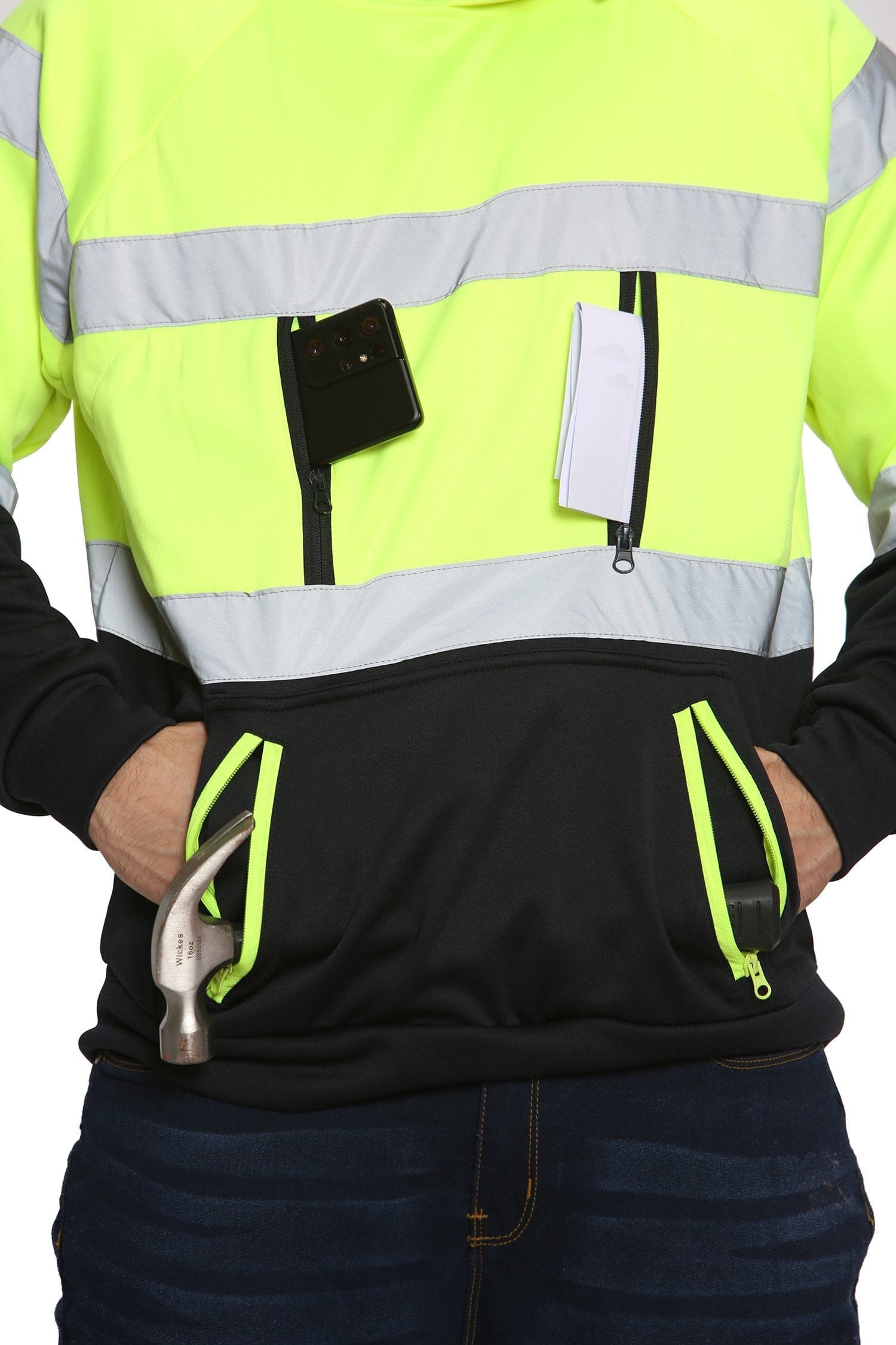 Aviator Work Wear High Vis EN ISO 20471 Class 3 - Yellow/Navy 6 Pockets Pullover Hoodie